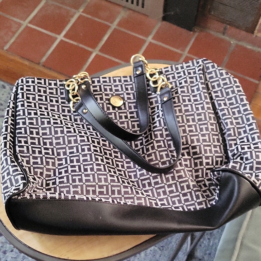 Tommy Hilfiger Black and White Tote with Gold Accents